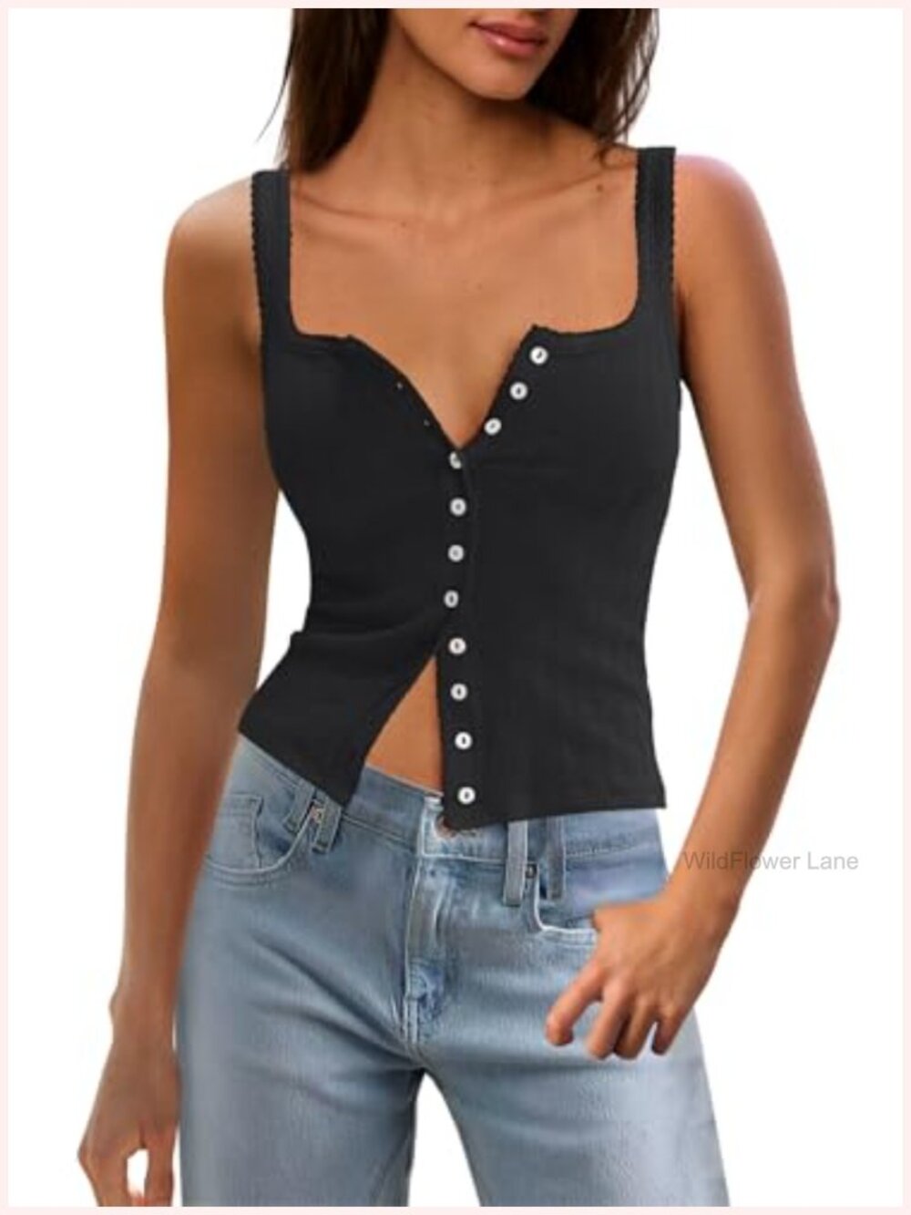 Women's Sleeveless Ribbed Square Neck Button Tank Top